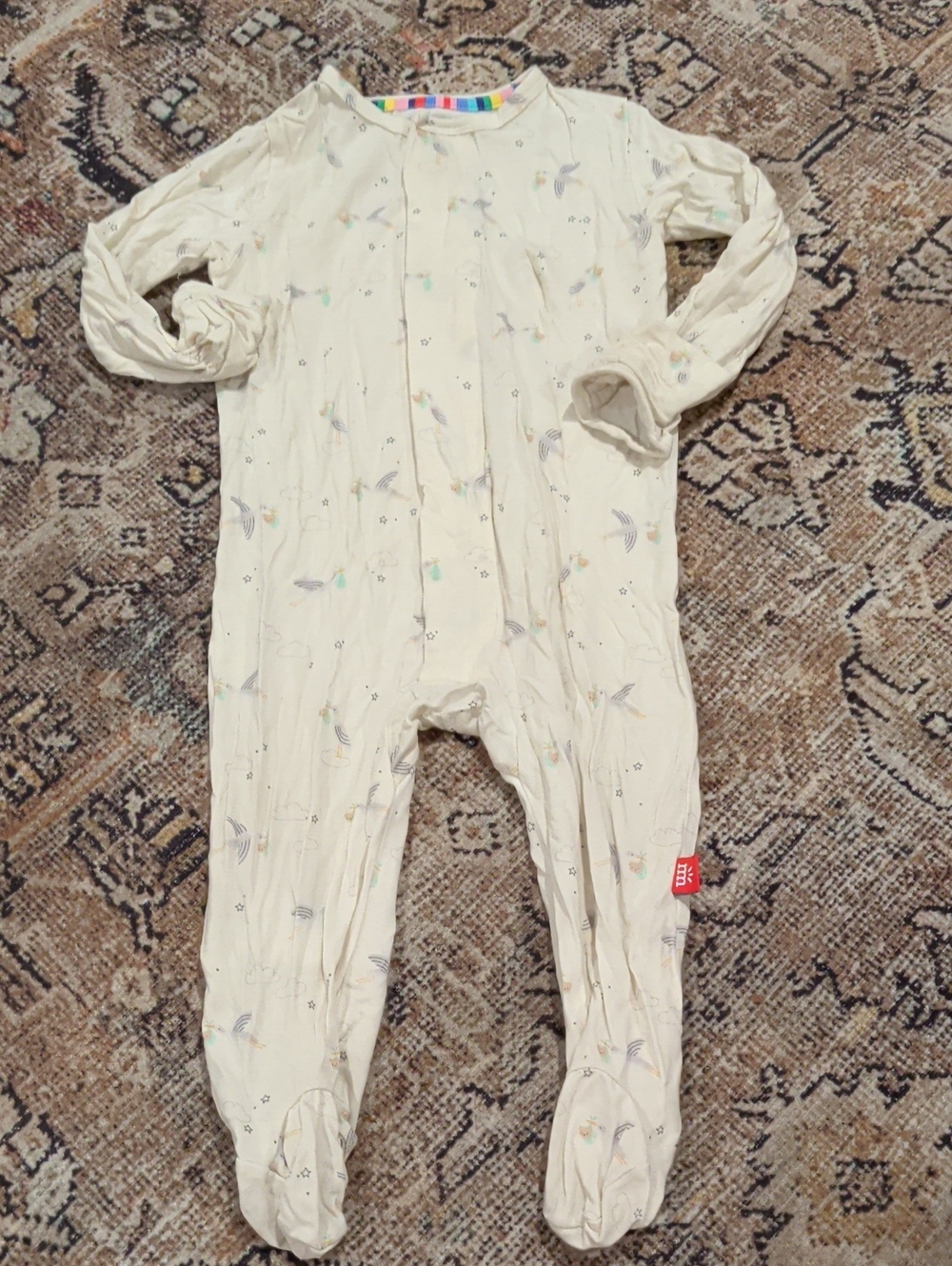 Magnetic Me Cream Footed One-Piece with Tiny Stork Print